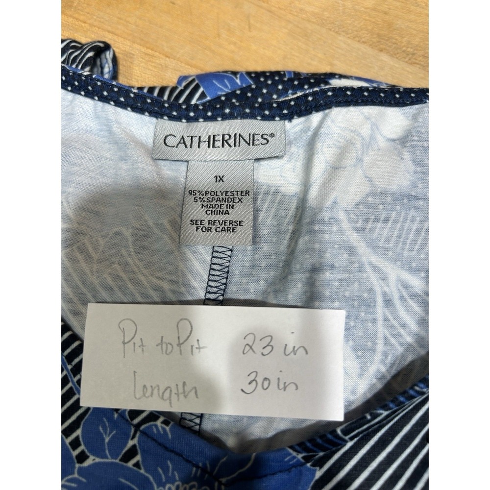 Catherines Womens 1X Blue Floral Stripe Dot Sleeveless V Neck Tank Top Shirt - Picture 3 of 7